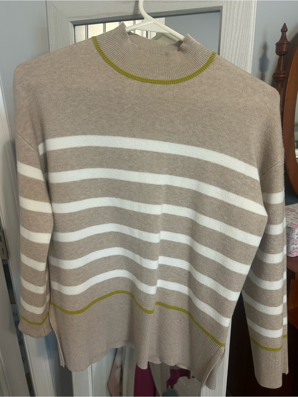 Tahari Beige and White Striped Crewneck Sweater with Olive Trim